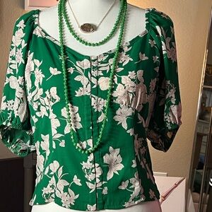 Floral Print V-neck Chiffon Blouse with Puff Sleeves